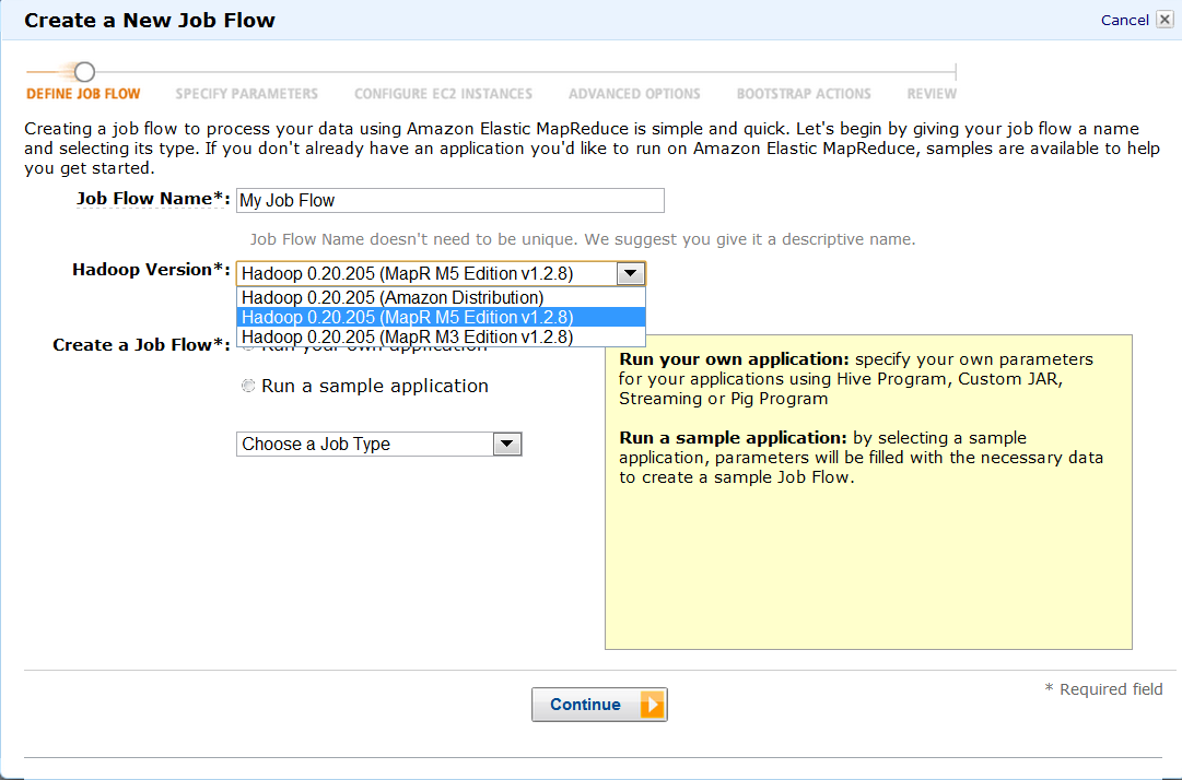 Hadoop Dropdown Create New Job Flow screenshot with Hadoop Version selector